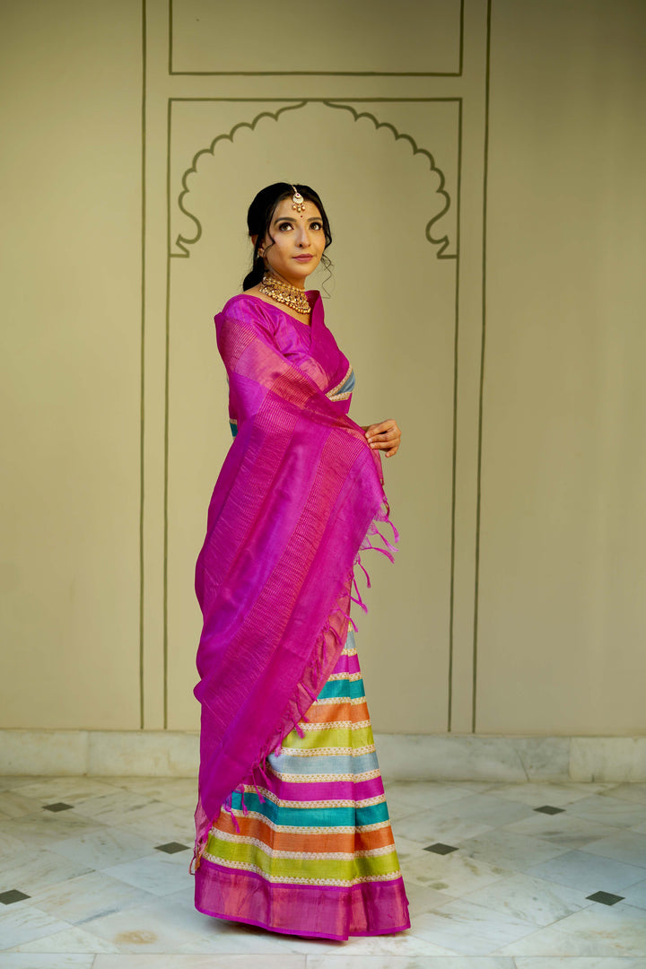 Multicolor Pure Handloom Jari Tussar Silk Saree with Blockprint and Zari Border | SILK MARK CERTIFIED