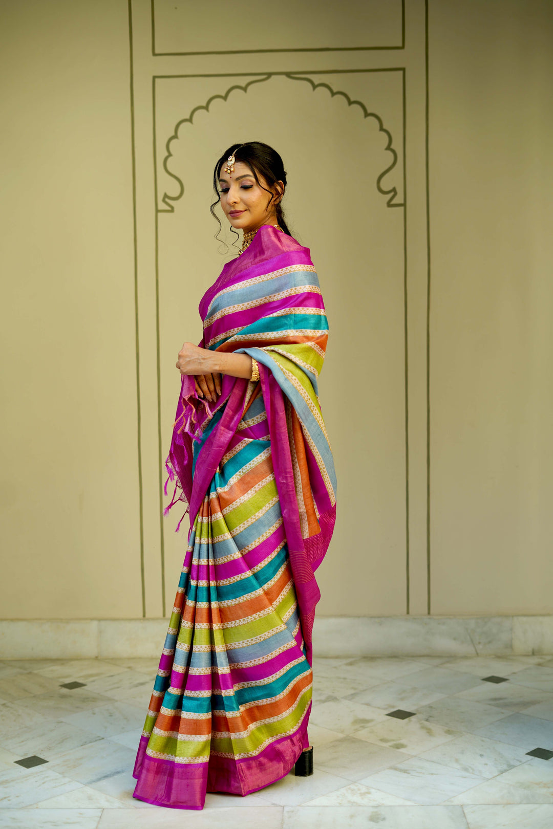 Multicolor Pure Handloom Jari Tussar Silk Saree with Blockprint and Zari Border | SILK MARK CERTIFIED