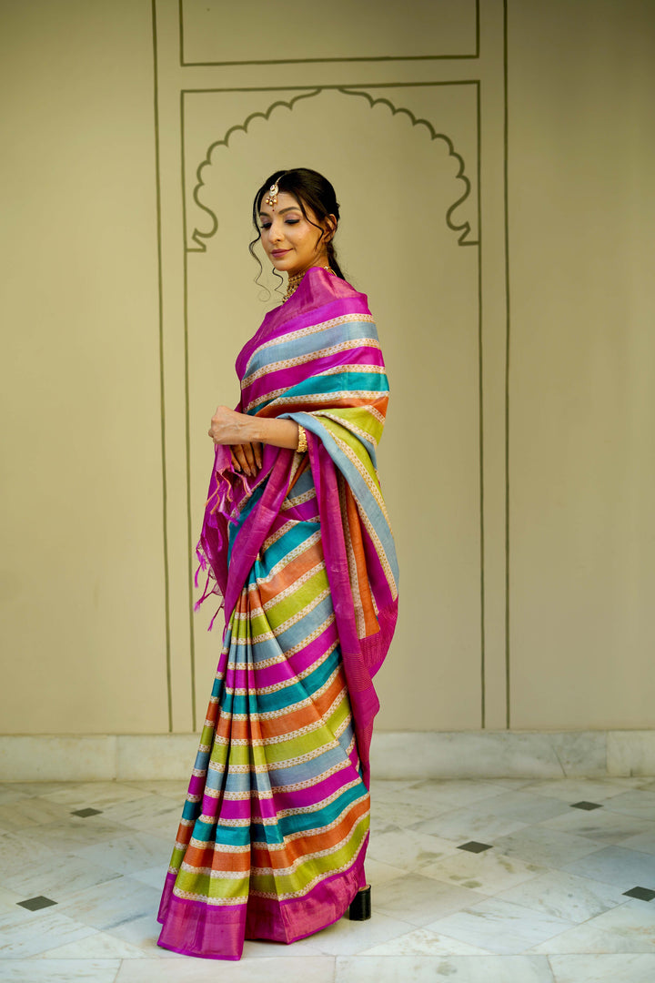 Multicolor Pure Handloom Jari Tussar Silk Saree with Blockprint and Zari Border | SILK MARK CERTIFIED