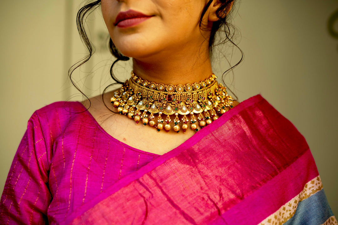 Multicolor Pure Handloom Jari Tussar Silk Saree with Blockprint and Zari Border | SILK MARK CERTIFIED