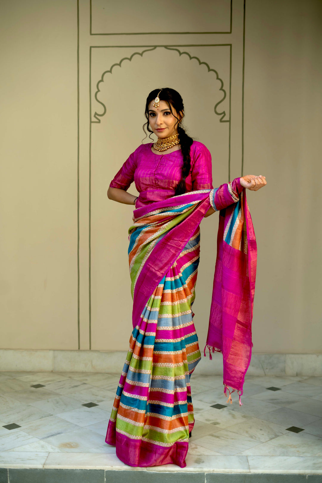 Multicolor Pure Handloom Jari Tussar Silk Saree with Blockprint and Zari Border | SILK MARK CERTIFIED