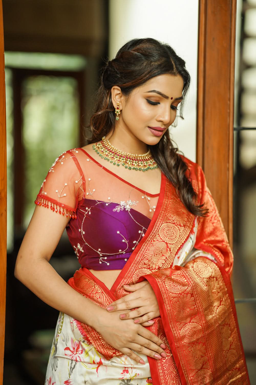 Purple and Red layered look blouse with beadwork embroidery, customizable, Made to Order | SHOBITAM