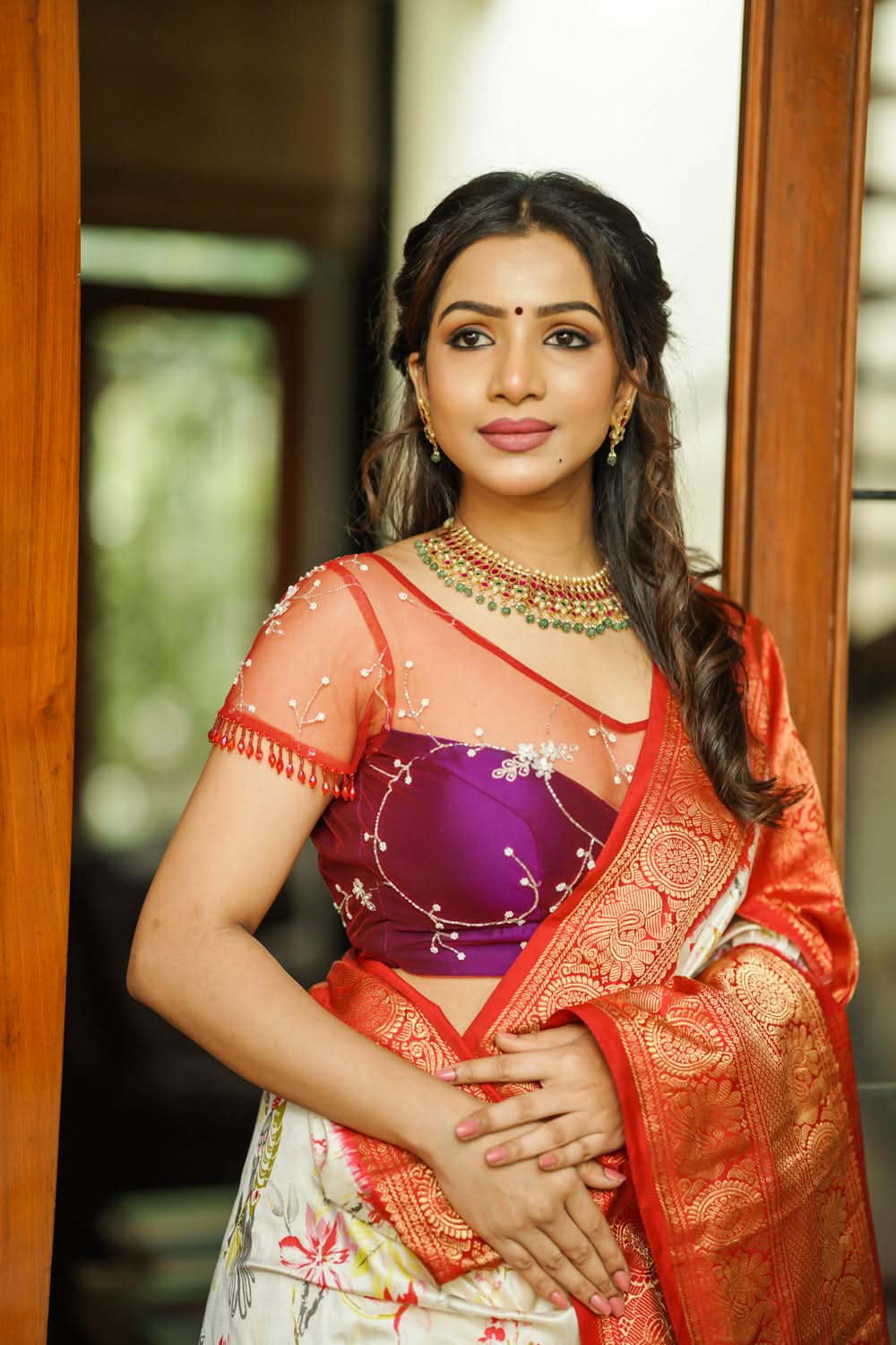 Purple and Red layered look blouse with beadwork embroidery, customizable, Made to Order | SHOBITAM