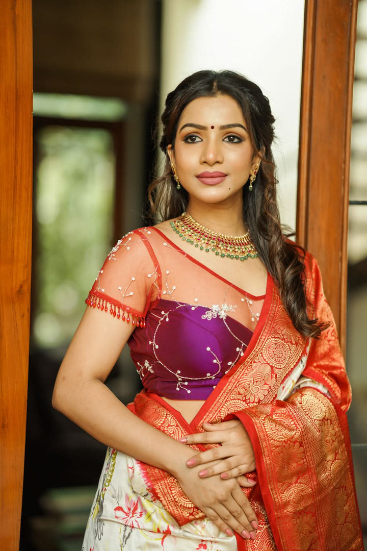 Purple and Red layered look blouse with beadwork embroidery, customizable, Made to Order | SHOBITAM