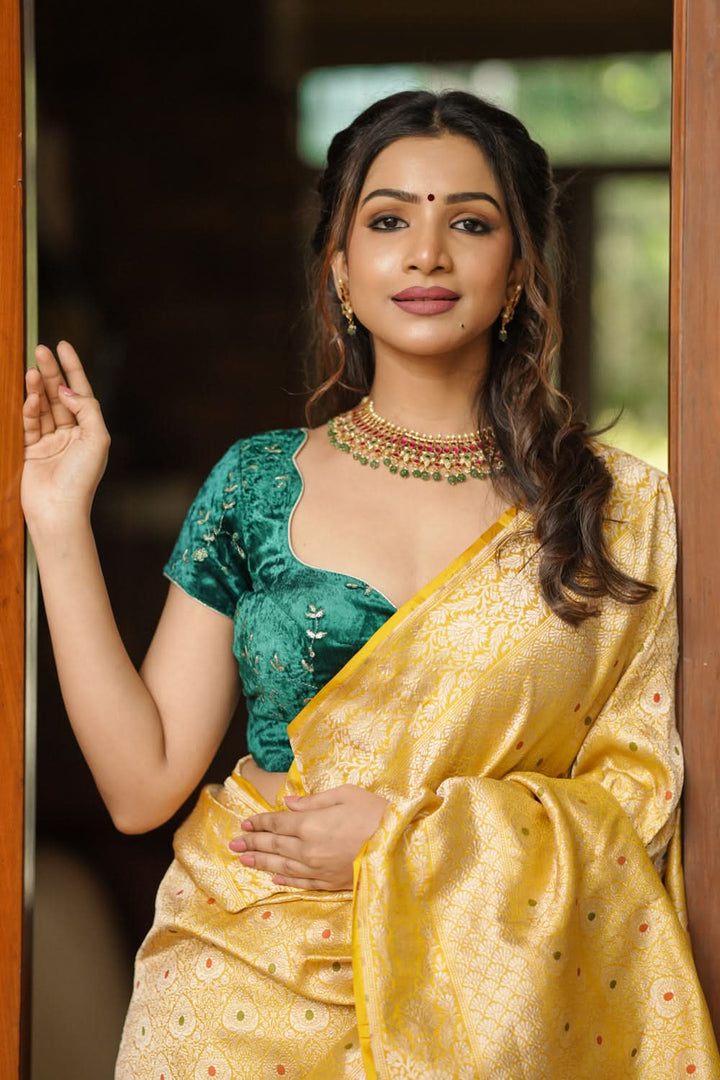 Rama green velvet with Antique Gold sequins Arch Neck blouse, Made to Order