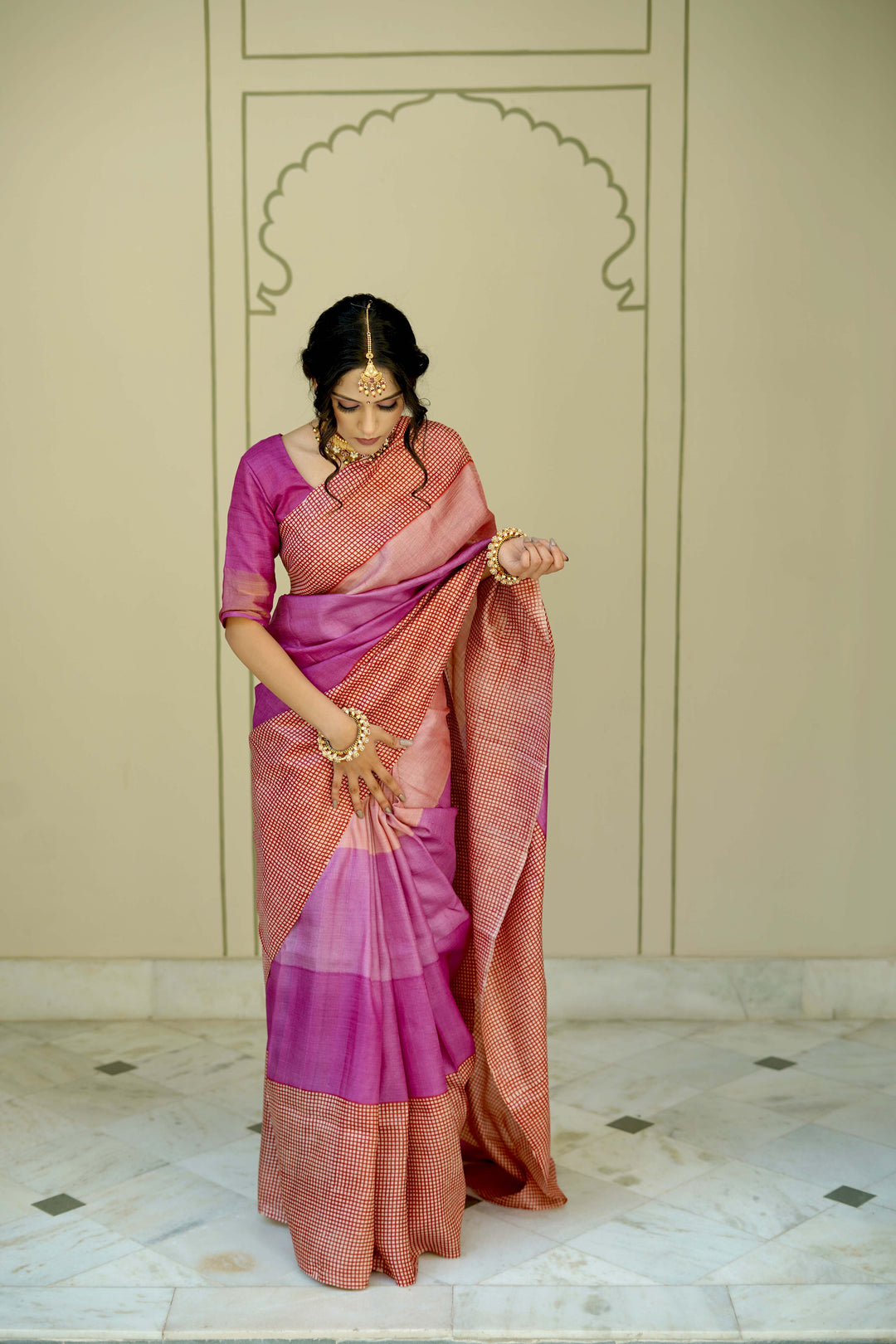 Pink-Peach Ombre Pure Handloom Jari Tussar Silk Saree with Handblock Print on Red Border and Pallu | SILK MARK CERTIFIED