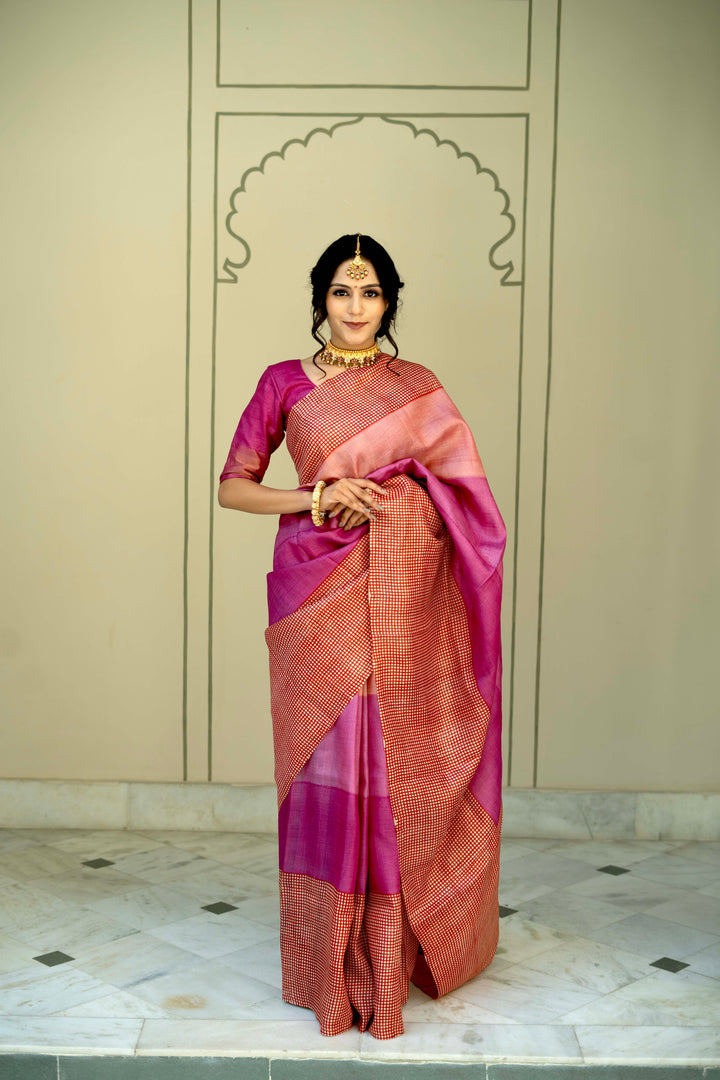 Pink-Peach Ombre Pure Handloom Jari Tussar Silk Saree with Handblock Print on Red Border and Pallu | SILK MARK CERTIFIED