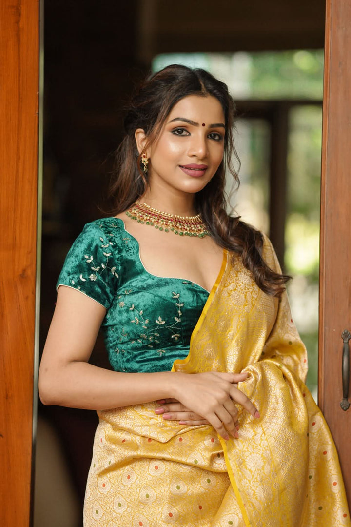 Rama green velvet with Antique Gold sequins Arch Neck blouse, Made to Order