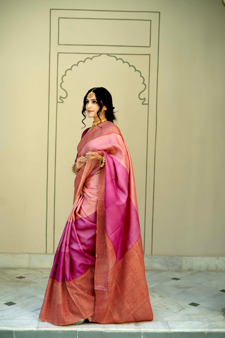 Pink-Peach Ombre Pure Handloom Jari Tussar Silk Saree with Handblock Print on Red Border and Pallu | SILK MARK CERTIFIED