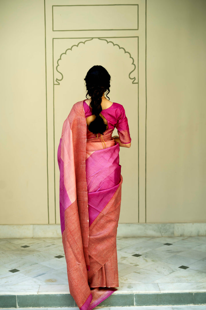 Pink-Peach Ombre Pure Handloom Jari Tussar Silk Saree with Handblock Print on Red Border and Pallu | SILK MARK CERTIFIED