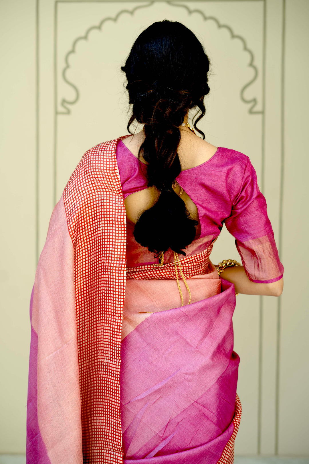 Pink-Peach Ombre Pure Handloom Jari Tussar Silk Saree with Handblock Print on Red Border and Pallu | SILK MARK CERTIFIED