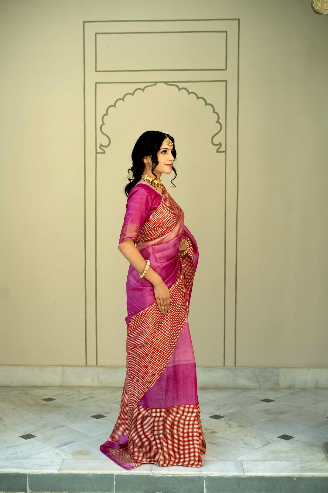 Pink-Peach Ombre Pure Handloom Jari Tussar Silk Saree with Handblock Print on Red Border and Pallu | SILK MARK CERTIFIED