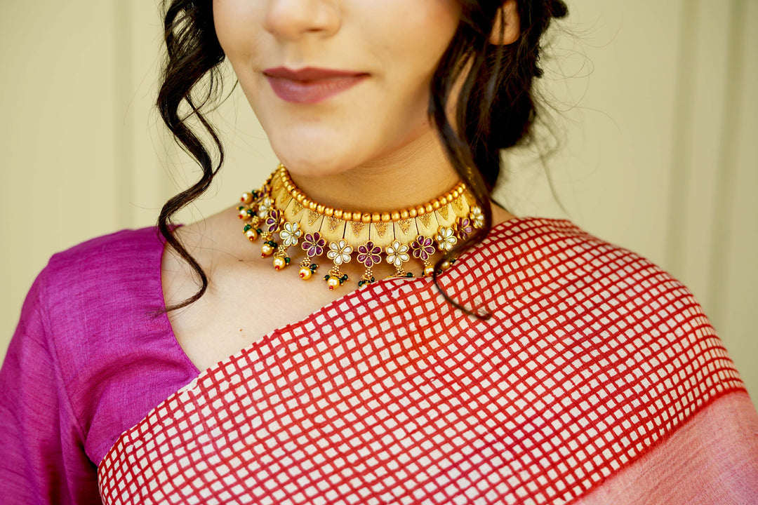 Pink-Peach Ombre Pure Handloom Jari Tussar Silk Saree with Handblock Print on Red Border and Pallu | SILK MARK CERTIFIED