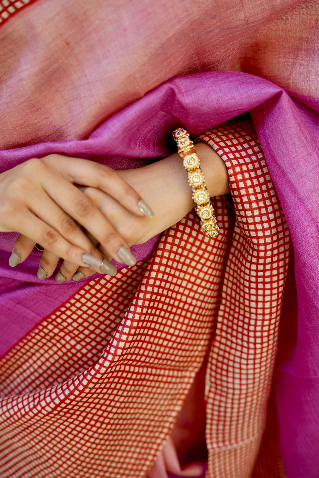 Pink-Peach Ombre Pure Handloom Jari Tussar Silk Saree with Handblock Print on Red Border and Pallu | SILK MARK CERTIFIED