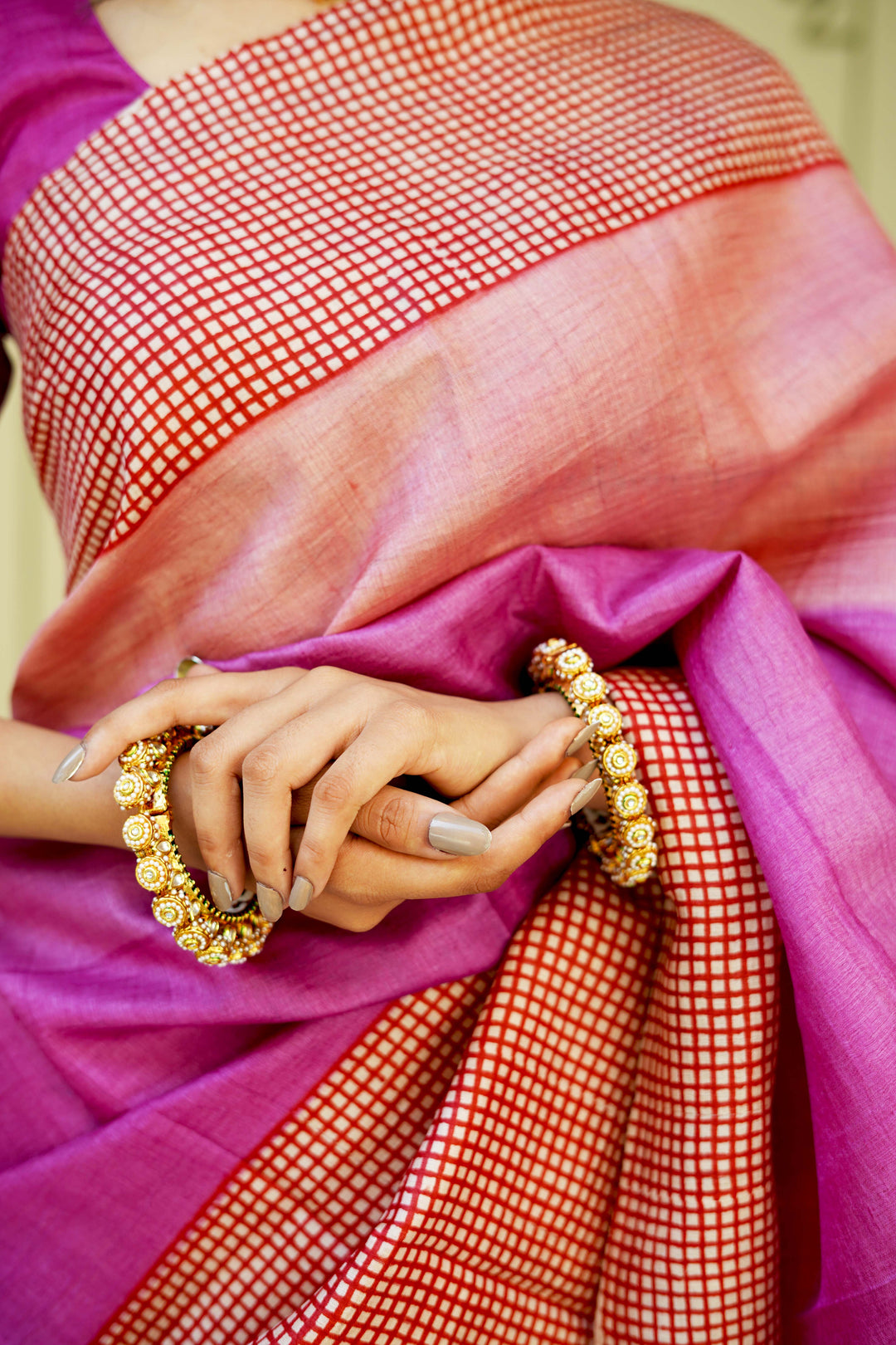 Pink-Peach Ombre Pure Handloom Jari Tussar Silk Saree with Handblock Print on Red Border and Pallu | SILK MARK CERTIFIED