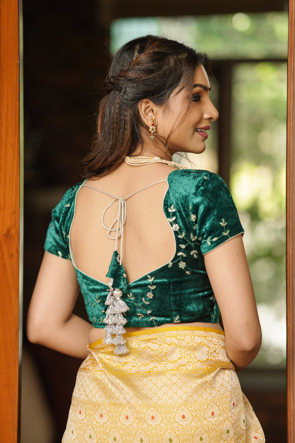 Rama green velvet with Antique Gold sequins Arch Neck blouse, Made to Order