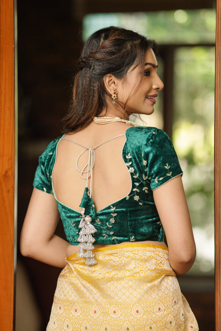 Rama green velvet with Antique Gold sequins Arch Neck blouse, Made to Order