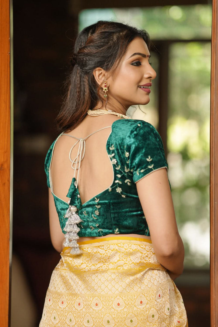 Rama green velvet with Antique Gold sequins Arch Neck blouse, Made to Order
