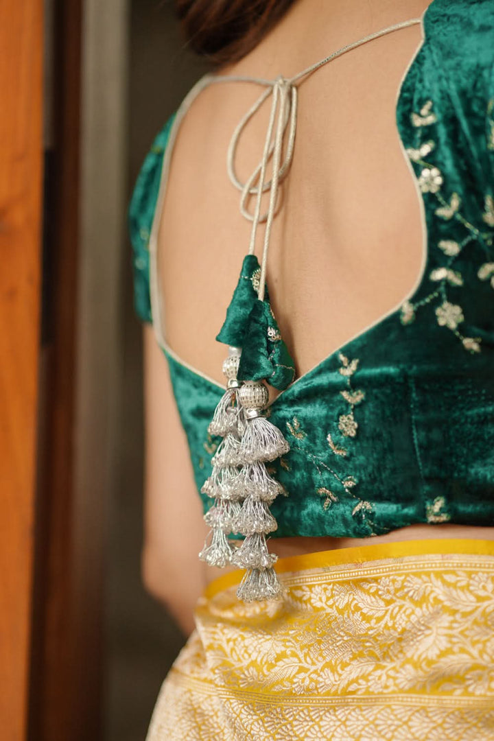 Rama green velvet with Antique Gold sequins Arch Neck blouse, Made to Order