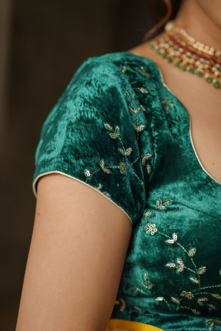 Rama green velvet with Antique Gold sequins Arch Neck blouse, Made to Order