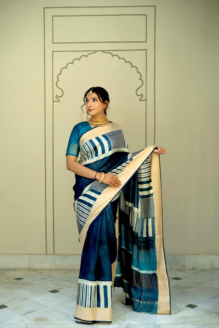 Deep Prussian Blue Pure Handloom Jari Tussar Silk Saree with Block Print Panel and Zari Border | SILK MARK CERTIFIED