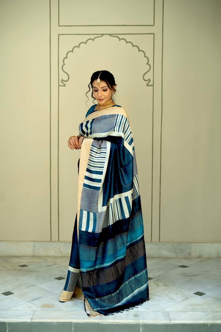 Deep Prussian Blue Pure Handloom Jari Tussar Silk Saree with Block Print Panel and Zari Border | SILK MARK CERTIFIED