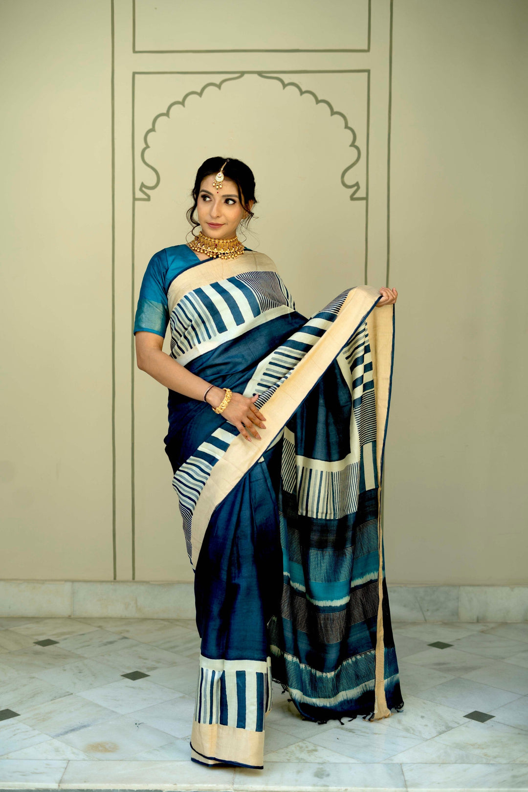 Deep Prussian Blue Pure Handloom Jari Tussar Silk Saree with Block Print Panel and Zari Border | SILK MARK CERTIFIED