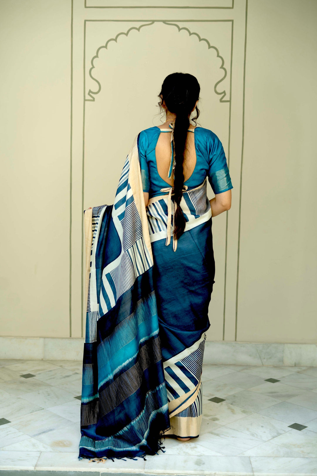 Deep Prussian Blue Pure Handloom Jari Tussar Silk Saree with Block Print Panel and Zari Border | SILK MARK CERTIFIED