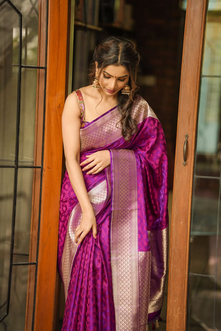 Purple Exquisite Tanchoi Floral Banarasi Saree in Pure Silk Satin with Zari detailing | SILK MARK CERTIFIED