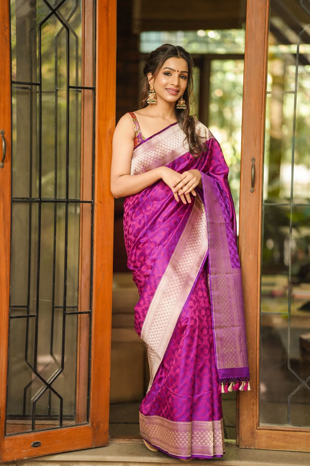 Purple Exquisite Tanchoi Floral Banarasi Saree in Pure Silk Satin with Zari detailing | SILK MARK CERTIFIED