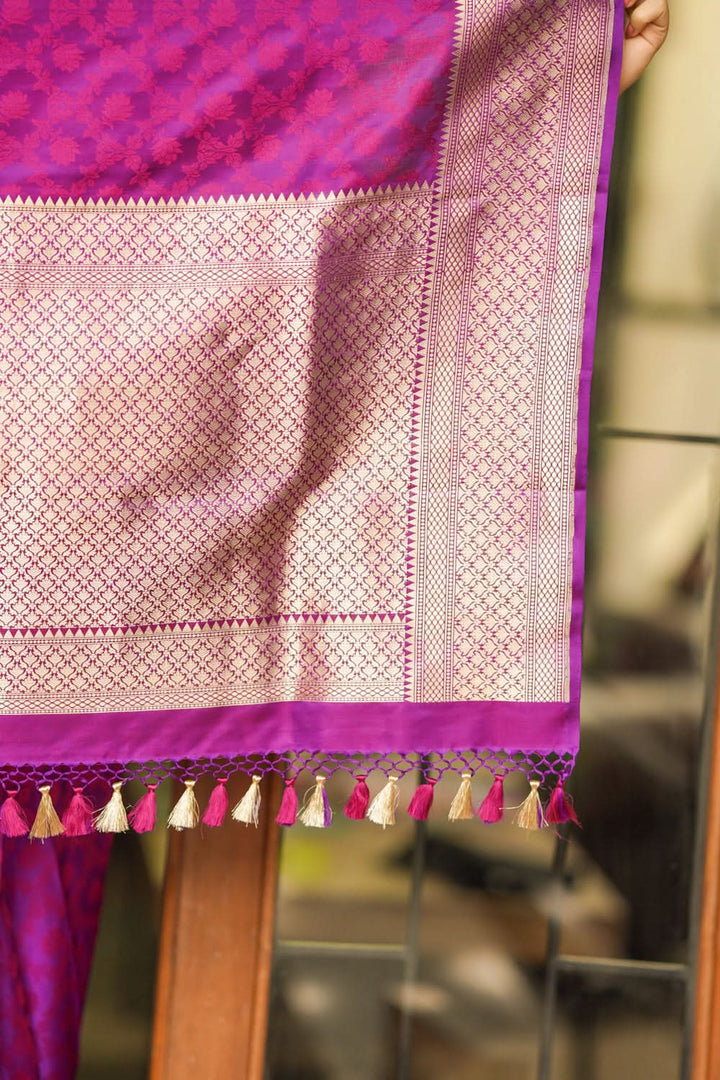 Purple Exquisite Tanchoi Floral Banarasi Saree in Pure Silk Satin with Zari detailing | SILK MARK CERTIFIED