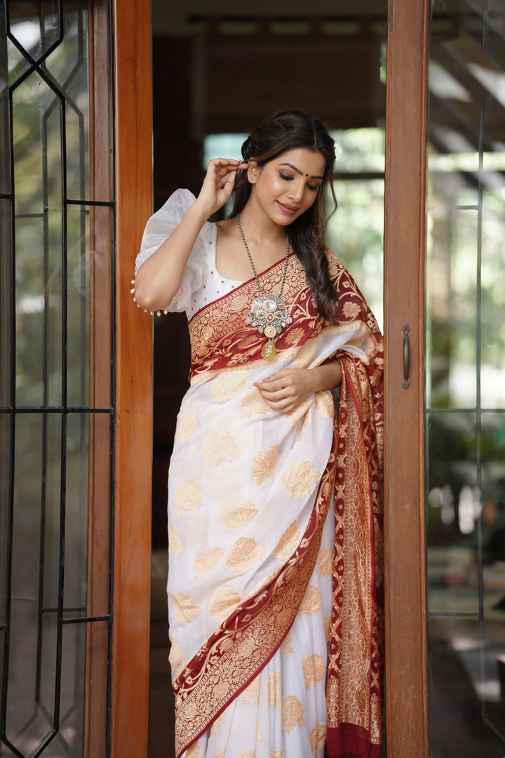 Ivory Banarasi Pure Georgette Saree with  Floral with Contrast Border  | SILK MARK CERTIFIED