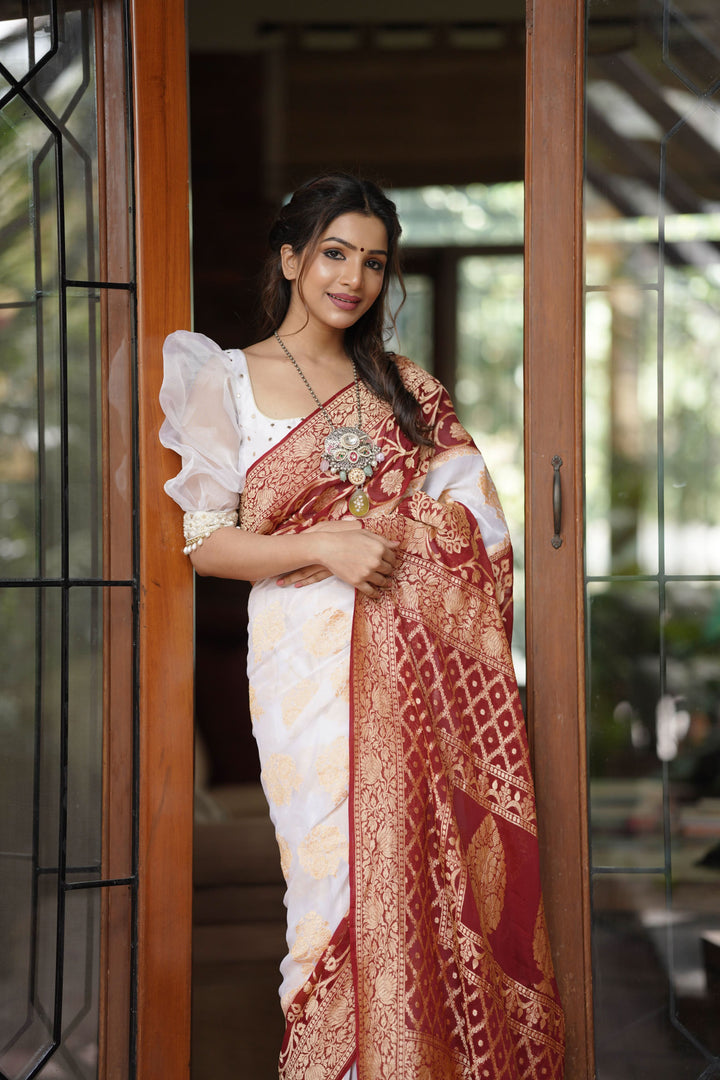 Ivory Banarasi Pure Georgette Saree with  Floral with Contrast Border  | SILK MARK CERTIFIED