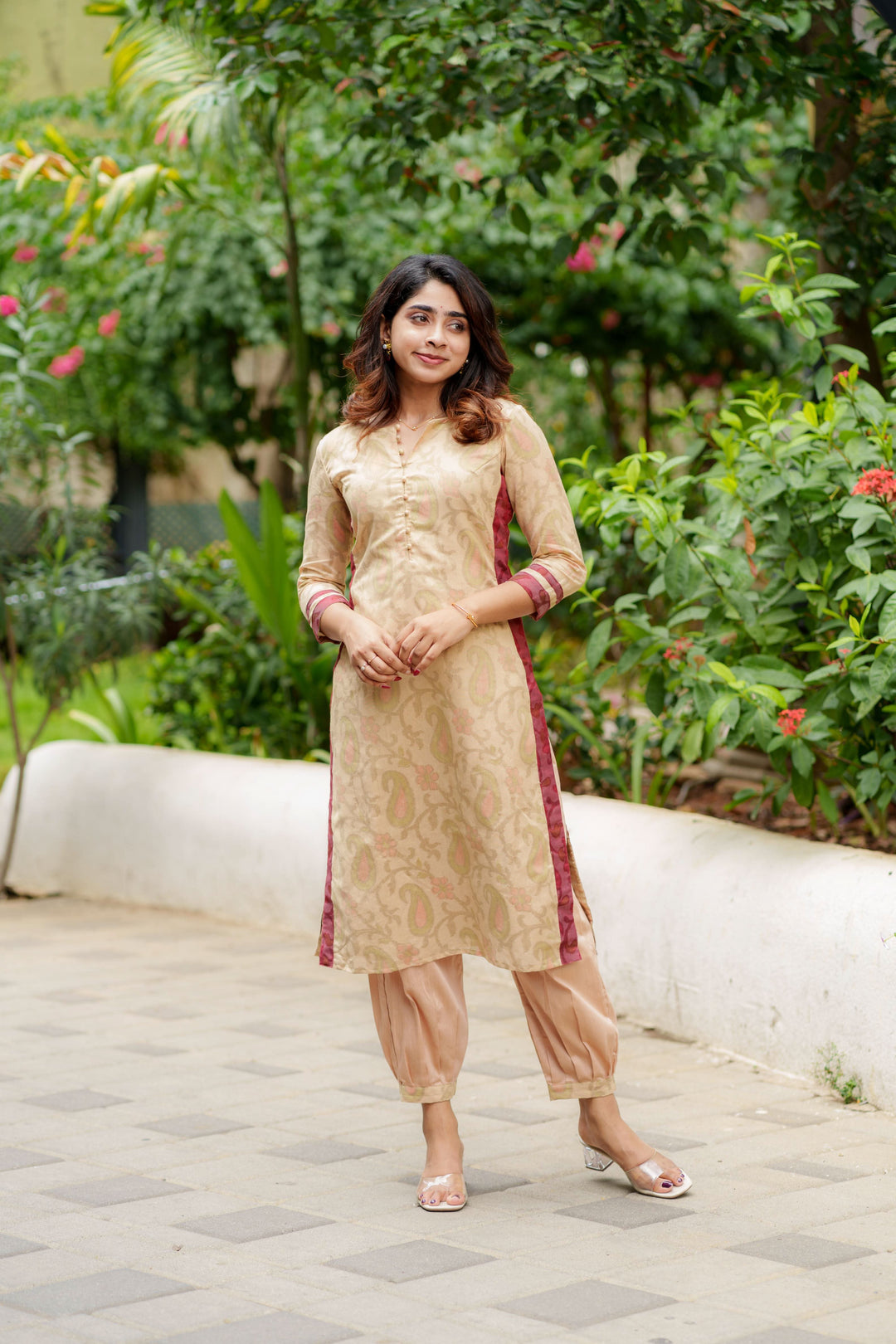 Beige Kurti Set Kurti and Bottom 2-Piece Set | Made to Order