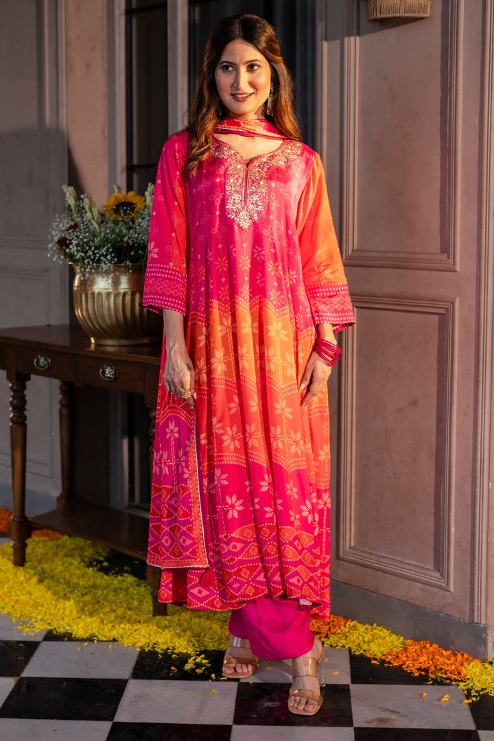 Pink Muslin Anarkali Suit Set with Gota Work on Neck- SET OF-3 | SHOBITAM