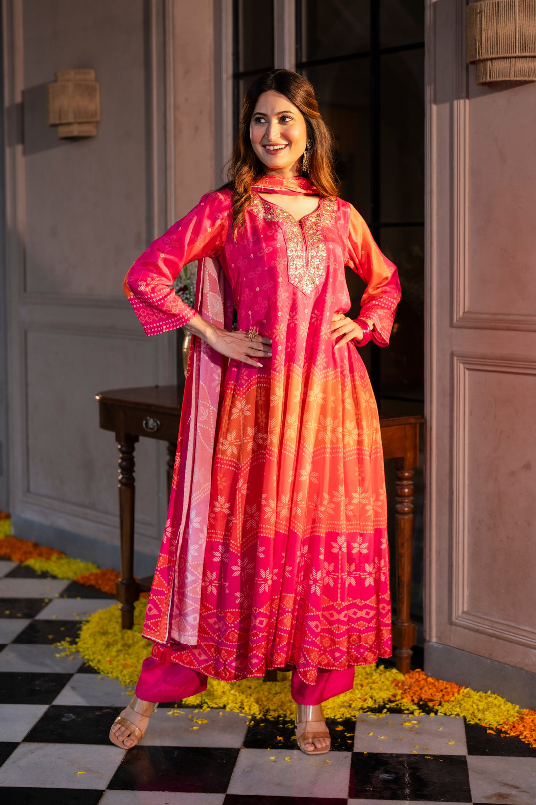 Pink Muslin Anarkali Suit Set with Gota Work on Neck- SET OF-3 | SHOBITAM