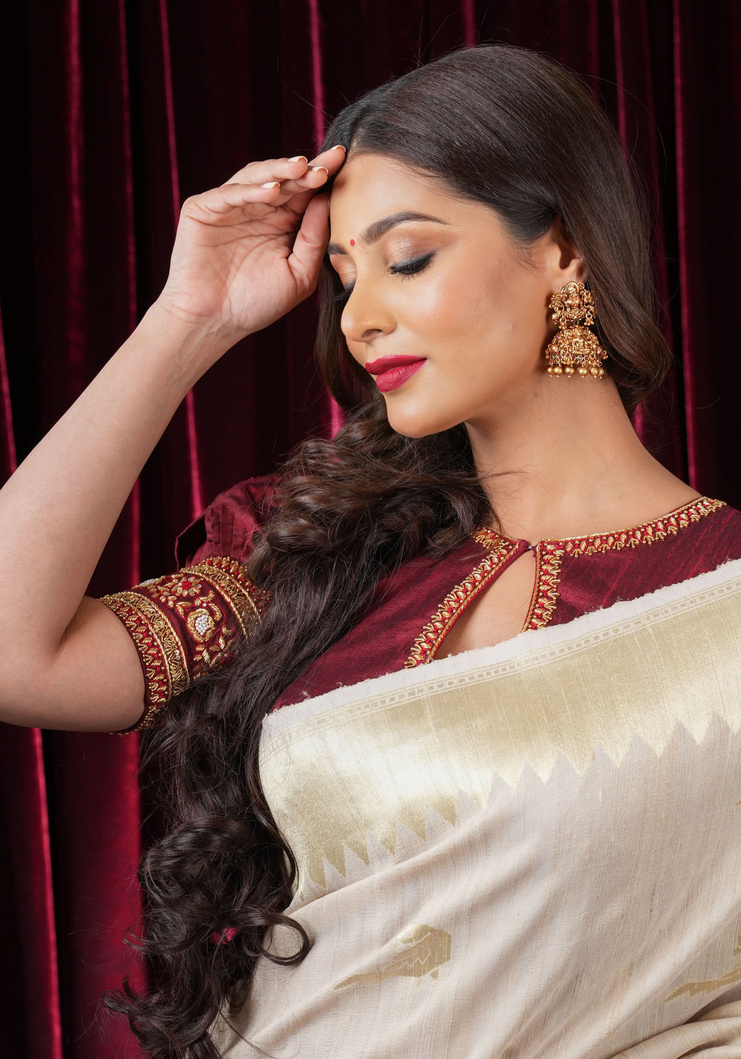 Maroon Pure Raw Silk Blouse with Hand Zardosi detailing and Puff Sleeves, Made to Order