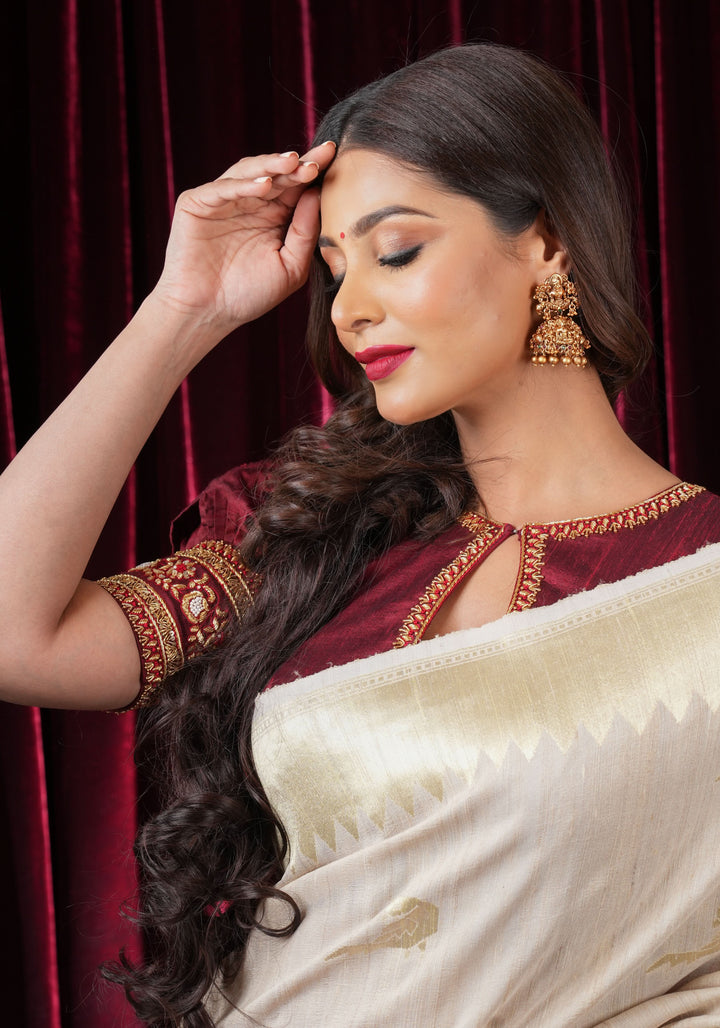 Maroon Pure Raw Silk Blouse with Hand Zardosi detailing and Puff Sleeves, Made to Order