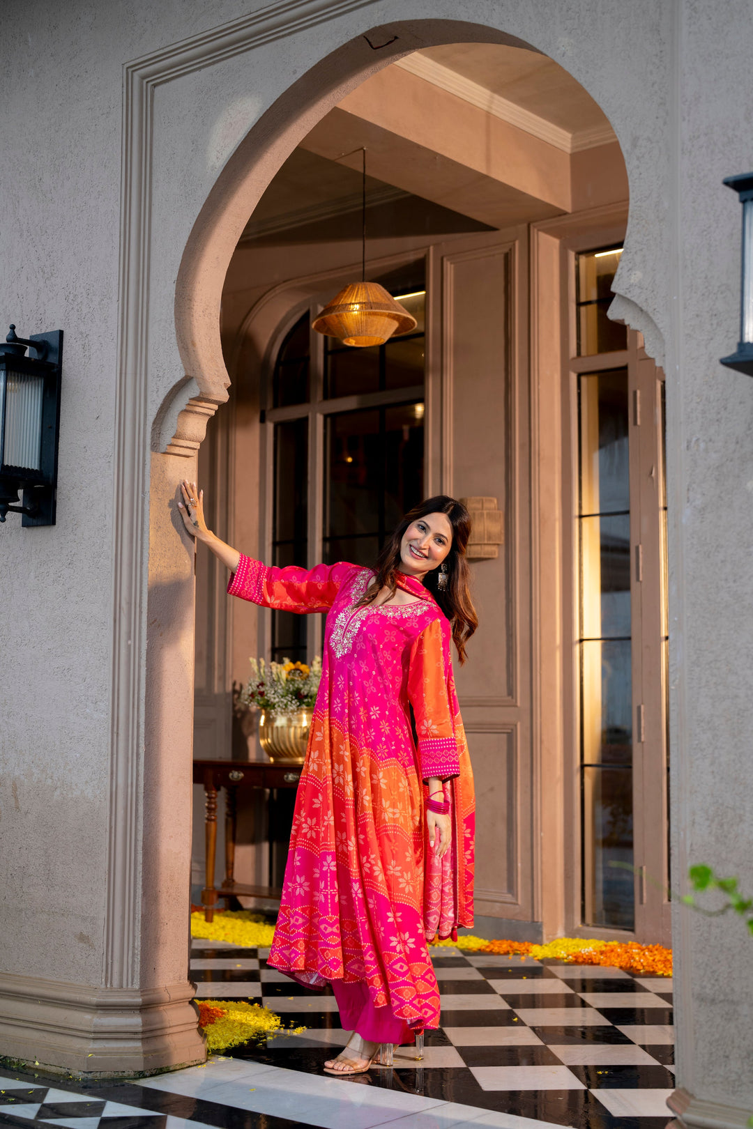 Pink Muslin Anarkali Suit Set with Gota Work on Neck- SET OF-3 | SHOBITAM