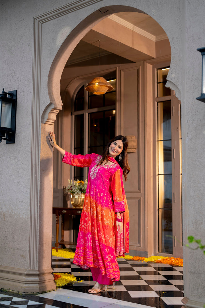 Pink Muslin Anarkali Suit Set with Gota Work on Neck- SET OF-3 | SHOBITAM