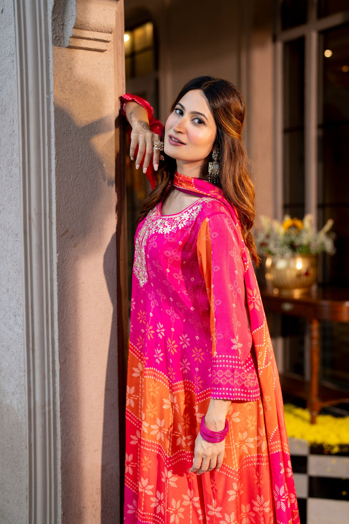 Pink Muslin Anarkali Suit Set with Gota Work on Neck- SET OF-3 | SHOBITAM