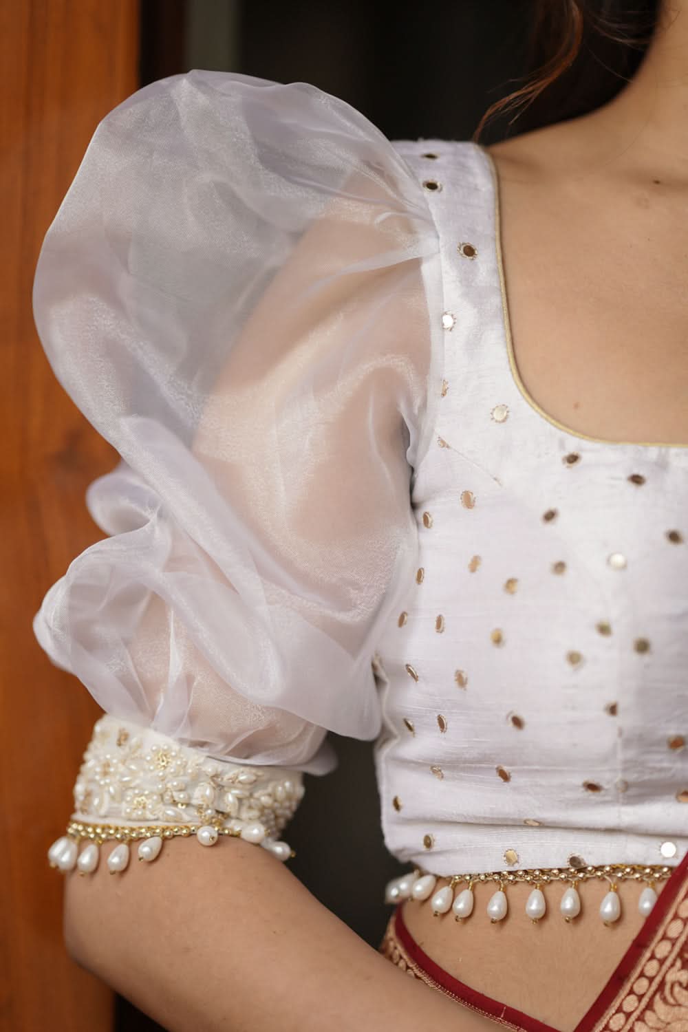 Dramatic Organza Puff Sleeves with Pure Raw Silk with Sequin embellishments and Moti lace, Made to Order | SHOBITAM