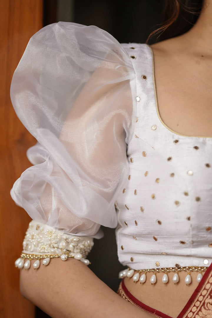 Dramatic Organza Puff Sleeves with Pure Raw Silk with Sequin embellishments and Moti lace, Made to Order | SHOBITAM