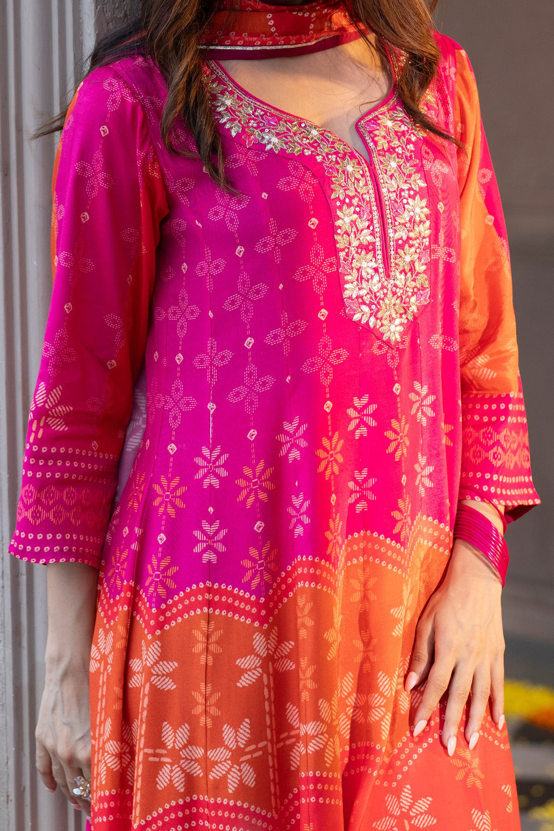 Pink Muslin Anarkali Suit Set with Gota Work on Neck- SET OF-3 | SHOBITAM