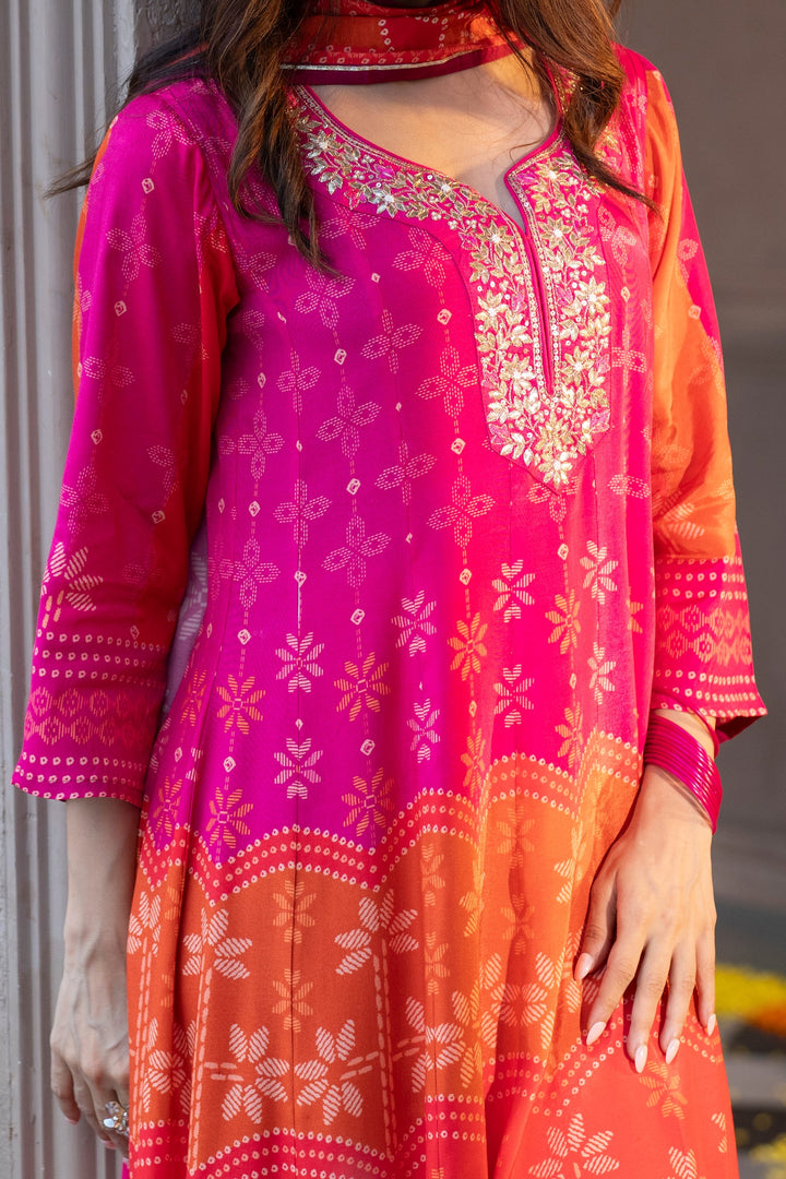 Pink Muslin Anarkali Suit Set with Gota Work on Neck- SET OF-3 | SHOBITAM