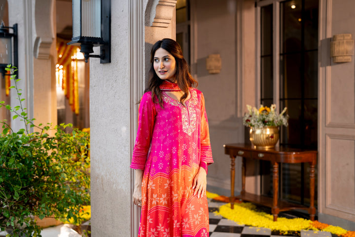 Pink Muslin Anarkali Suit Set with Gota Work on Neck- SET OF-3 | SHOBITAM