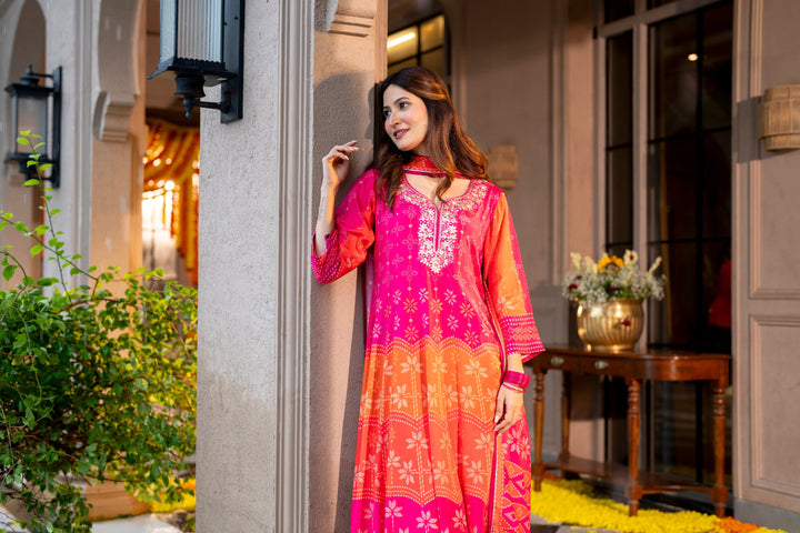 Pink Muslin Anarkali Suit Set with Gota Work on Neck- SET OF-3 | SHOBITAM