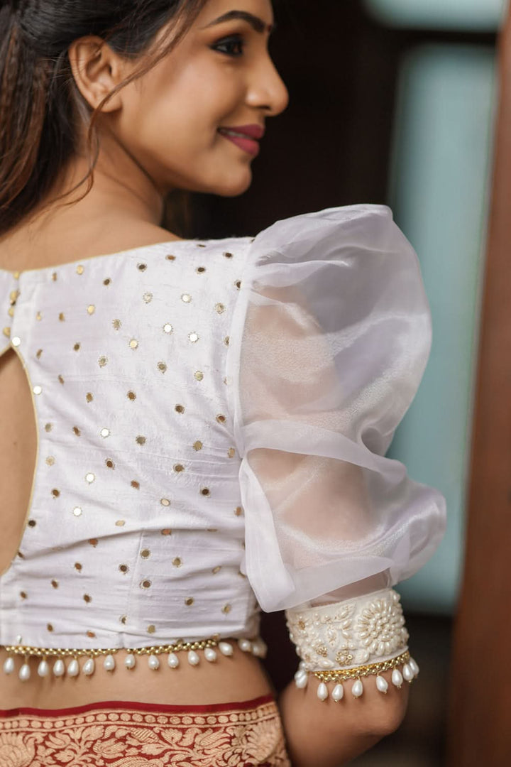 Dramatic Organza Puff Sleeves with Pure Raw Silk with Sequin embellishments and Moti lace, Made to Order | SHOBITAM