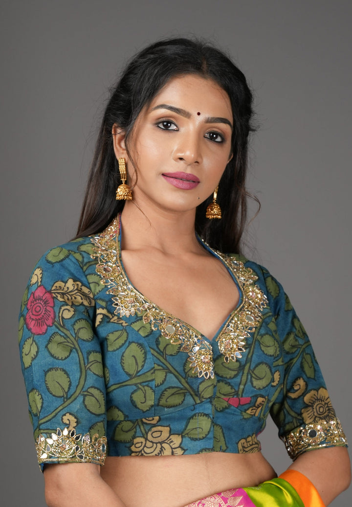 Teal Floral Authentic Pen Kalamkari Blouse with extensive Cutdana and Mirror work detailing, Customizable, Made To Order