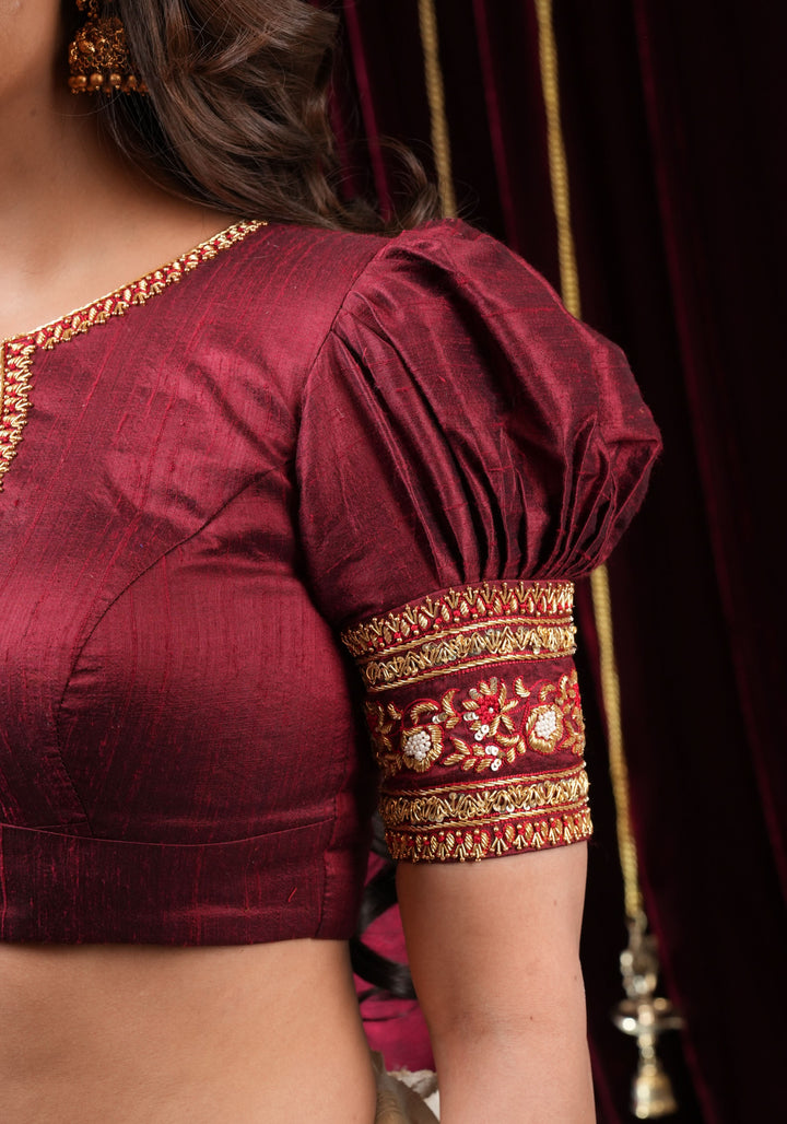 Maroon Pure Raw Silk Blouse with Hand Zardosi detailing and Puff Sleeves, Made to Order